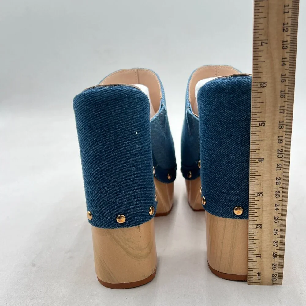 FSJ Blue Denim Round Toe Mules High Chunky Heel Slip On Platform Wooden Sandal - Picture 5 of 8